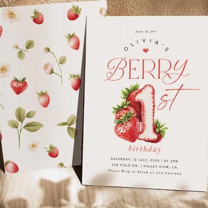Invito per il primo compleanno di Berry Invito per il primo compleanno di una ragazza Invito per il compleanno di fragole Download digitale Modello per invito per ragazza