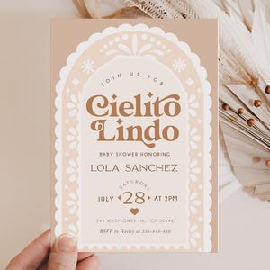 Invito per baby shower "Cielito Lindo", invito per baby shower a tema Talavera messicano, invito con decorazioni in carta picado, invito modificabile