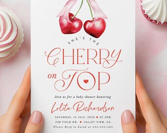 Cherry Baby Shower Invitation Cherry on Top Invite Coquette Invite Pink Bow with Berries Invitation Modern Girl Baby Shower Invite Template