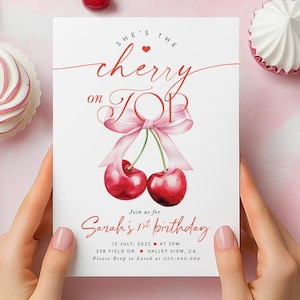 Kirsche an der Spitze Geburtstags-Einladung Kirsche an der Spitze einladen Coquette einladen Rosa Bogen mit Beeren-Einladung modernes Mädchen-Baby-Geburtstag einladen