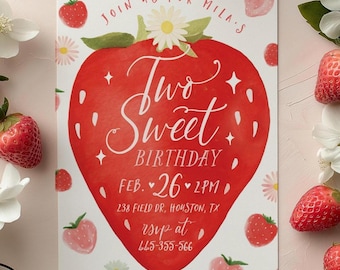 Two Sweet Birthday Invitation 2nd Birthday Invitation Second Girl Birthday Strawberry Birthday Invite Digital Download Invitation Girl
