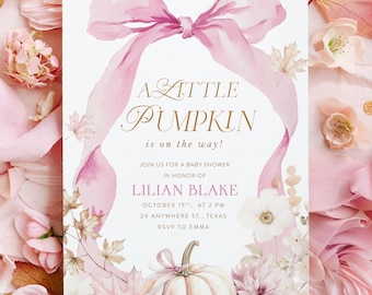 May include: Baby shower invitation with a watercolor design. The invitation features a pink bow, the text "A Little Pumpkin is on the way!", and floral and leaf accents. The invitation includes the name Lilian Blake and event details.