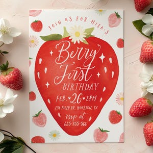 Invito per il primo compleanno di Berry Invito per il primo compleanno di una ragazza Invito per il compleanno di fragole Download digitale Modello per invito per ragazza