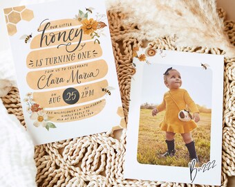 Bee Birthday Invitation, Bee 1st Birthday Invite, 1st Bee Day Invitation, Floral Bee Birthday, Honey Bee Invitation, 1st Birthday Girl