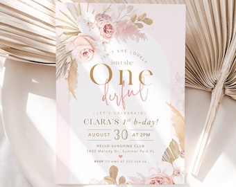 Little Miss Onederful Birthday Invitation Blush Pink Floral Girl 1st Birthday Party Invite boho gold Editable Printable Download Instant