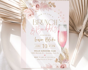 Pink Brunch and Bubbly Bridal Shower Invitation, Boho Pink Bridal Shower Invite, Boho Editable Bridal Shower Invite Champagne Brunch INSTANT