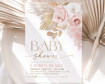 Różowe zaproszenie boho na baby shower z kwiatowym motywem, zaproszenie na baby shower, zaproszenie na baby shower dla dziewczynki, boho baby, szablon zaproszenia boho w kolorze różowym do edycji