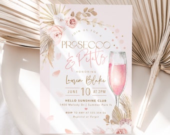 Petals & Prosecco Bridal Baby Wedding Shower Pink Brunch and Bubbly Bridal Shower Invitation, Boho Pink Bridal Shower Invite Editable