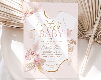 Różowe zaproszenie boho na baby shower z kwiatowym motywem, zaproszenie na baby shower, zaproszenie na baby shower dla dziewczynki, boho baby, różowy szablon zaproszenia boho do edycji DIY