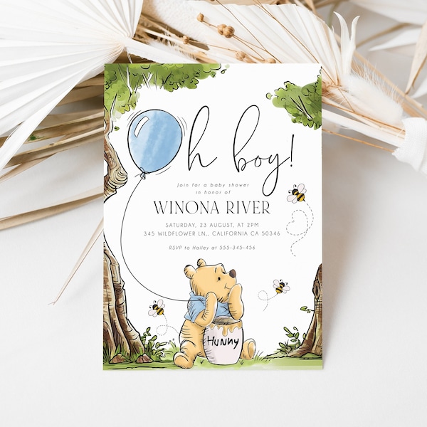 Winnie the Pooh Baby Shower Einladung Junge Blau einladen bearbeitbar Winnie the Pooh Baby Shower | Druckbare digitale Karte INSTANT DOWNLOAD