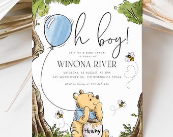 Winnie the Pooh Baby Shower Invitation Boy Blue Invite Editable Winnie The Pooh Baby Shower | Printable digital card INSTANT DOWNLOAD