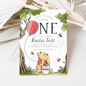 Invito di compleanno di Winnie the Pooh, modello classico di invito di Winnie the Pooh, invito digitale dell'orso Pooh con Hunny Honey Pot IMMEDIATO