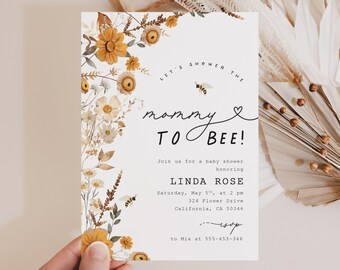 May include: A baby shower invitation with a floral design featuring yellow and white flowers, bees, and the text "Let's shower the mommy to bee!"  The invitation includes the name Linda Rose, the date and time of the shower, and the address.  The text "RSVP to Mia at 555-453-346" is also included.