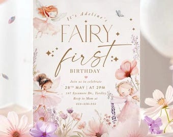 May include: A white invitation card with gold lettering that says "It's Adeline's Fairy First Birthday". The card is decorated with pink and purple flowers and two fairies. The text on the card includes the date, time, and location of the party.