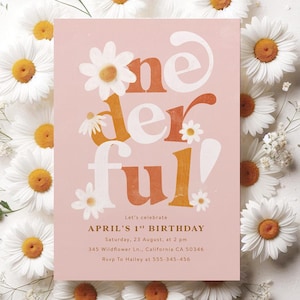 Invito per il primo compleanno di Daisy, invito retrò per il primo compleanno di Daisy, invito per il compleanno di una ragazza boho rosa con download digitale istantaneo modificabile.
