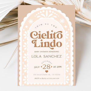 Invito per baby shower "Cielito Lindo", invito per baby shower a tema Talavera messicano, invito con decorazioni in carta picado, invito modificabile