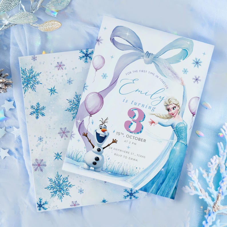May include: Two-piece birthday invitation set featuring Elsa and Olaf from Frozen. The invitation has a light blue background with snowflakes, balloons, and a ribbon design. The text reads "Emily is turning 3" and includes party details.