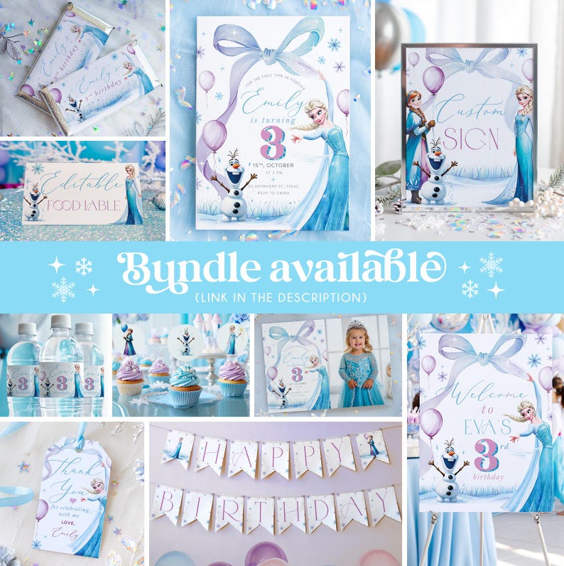 May include: A collection of party decorations featuring a Frozen theme. Includes invitations, food labels, water bottle labels, cupcake toppers, a banner that says "Happy Birthday", and a custom sign. The color scheme is light blue, white, and purple.