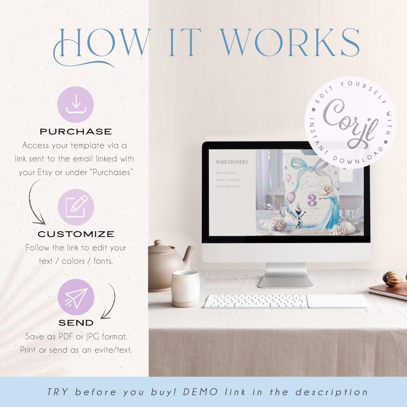 May include: An instructional graphic with the text "HOW IT WORKS" at the top. Steps include purchase, customize, and send. A computer screen displays a template with the text "WISEMONKEY" and a sample design. The image also includes a teapot and a mug.