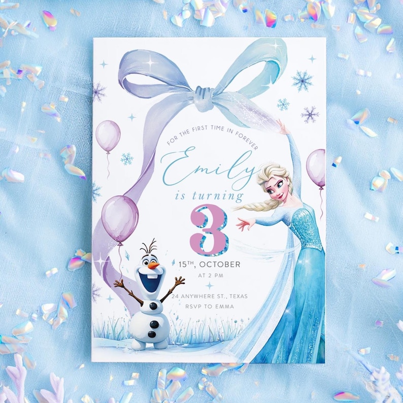 May include: A birthday invitation featuring a watercolor illustration of Elsa from Frozen. The invitation includes the name "Emily", the number "3", and event details. The design incorporates a blue bow, snowflakes, and balloons, with the text "For the first time in forever".