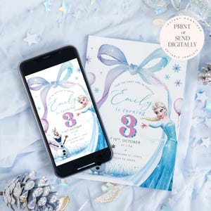 May include: A birthday invitation featuring a watercolor illustration of Elsa from Frozen. The invitation is light blue and purple with the text "Emily is turning 3" and event details. A smartphone displays the same design.