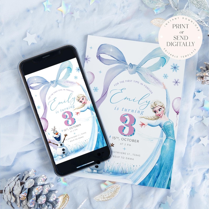May include: A birthday invitation featuring a watercolor illustration of Elsa from Frozen. The invitation is light blue and purple with the text "Emily is turning 3" and event details. A smartphone displays the same design.