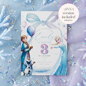 May include: A birthday invitation featuring watercolor illustrations of characters from a popular animated film. The invitation includes the text "Emily is turning 3" with the date and time of the party. A light blue bow and balloons decorate the invitation.