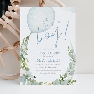 Pacchetto di inviti per baby shower Oh Boy modificabili, invito per baby shower con palloncino blu, modello di invito stampabile per baby shower Blue Boy