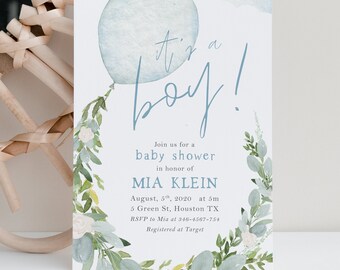 May include: A blue and white baby shower invitation with a watercolor balloon and floral border. It says "It's a boy!" and includes the details for the shower: August 5th, 2020 at 5pm, 5 Green St, Houston TX, RSVP to Mia at 346-4567-754, Registered at Target.