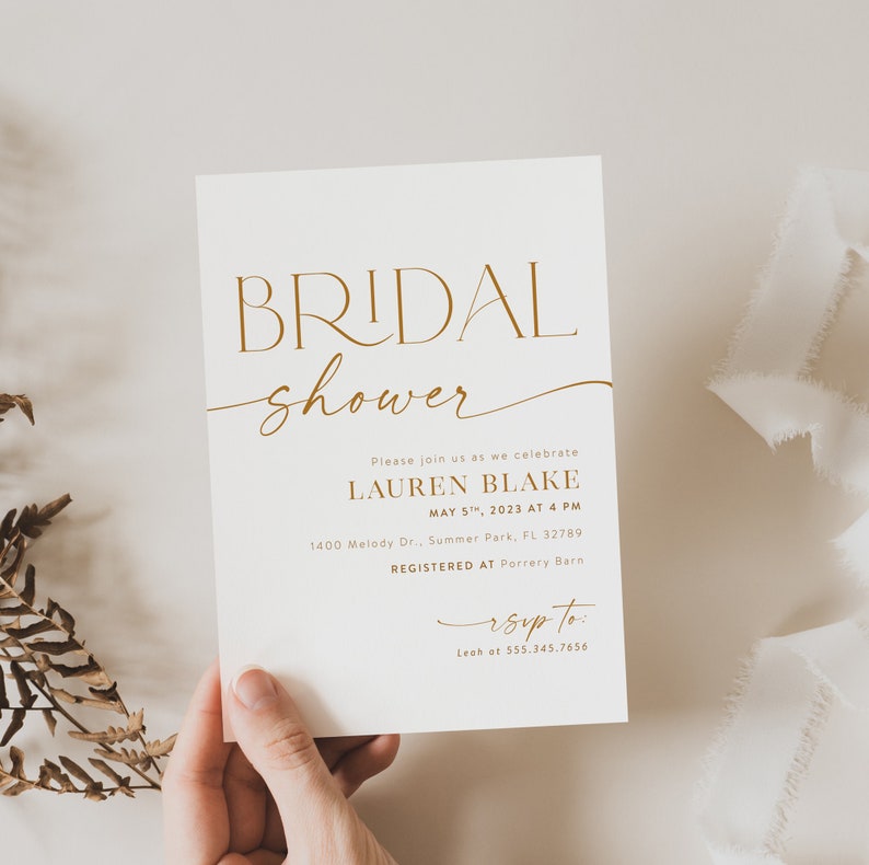 Minimal Bridal Shower Invitation, Modern Bridal Shower Invite, Gold