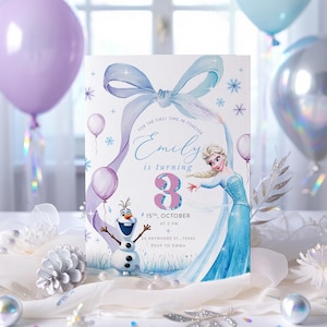 May include: A birthday invitation featuring Elsa from Frozen. The invitation has a light blue bow and the text "For the first time in forever". The invitation reads "Emily is turning 3" with the date and time below. Purple and silver balloons are in the background.
