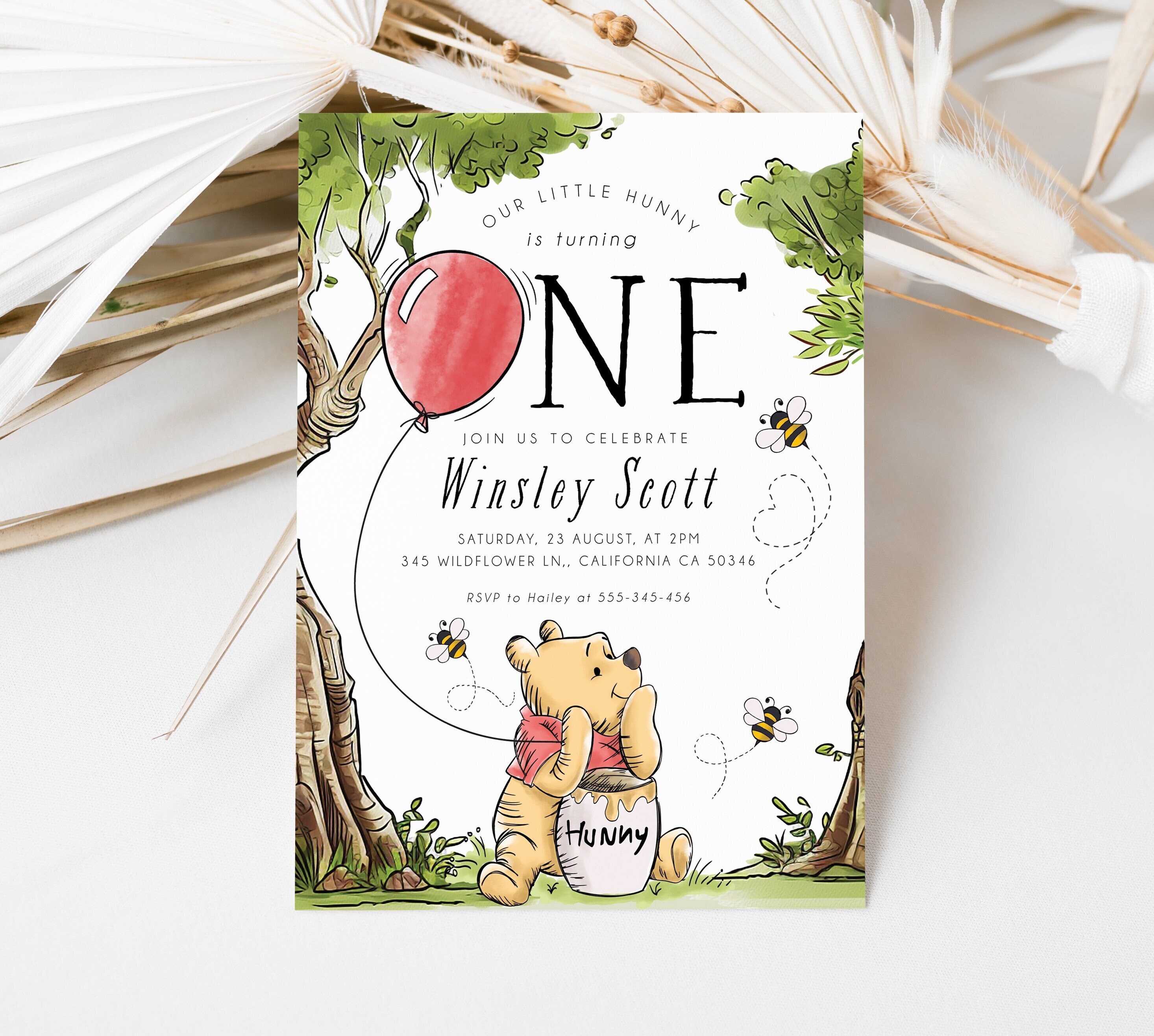 Winnie the Pooh Birthday Invitation Classic Winnie the Pooh Invitation Template Pooh Bear Digital Invitation with Hunny Honey