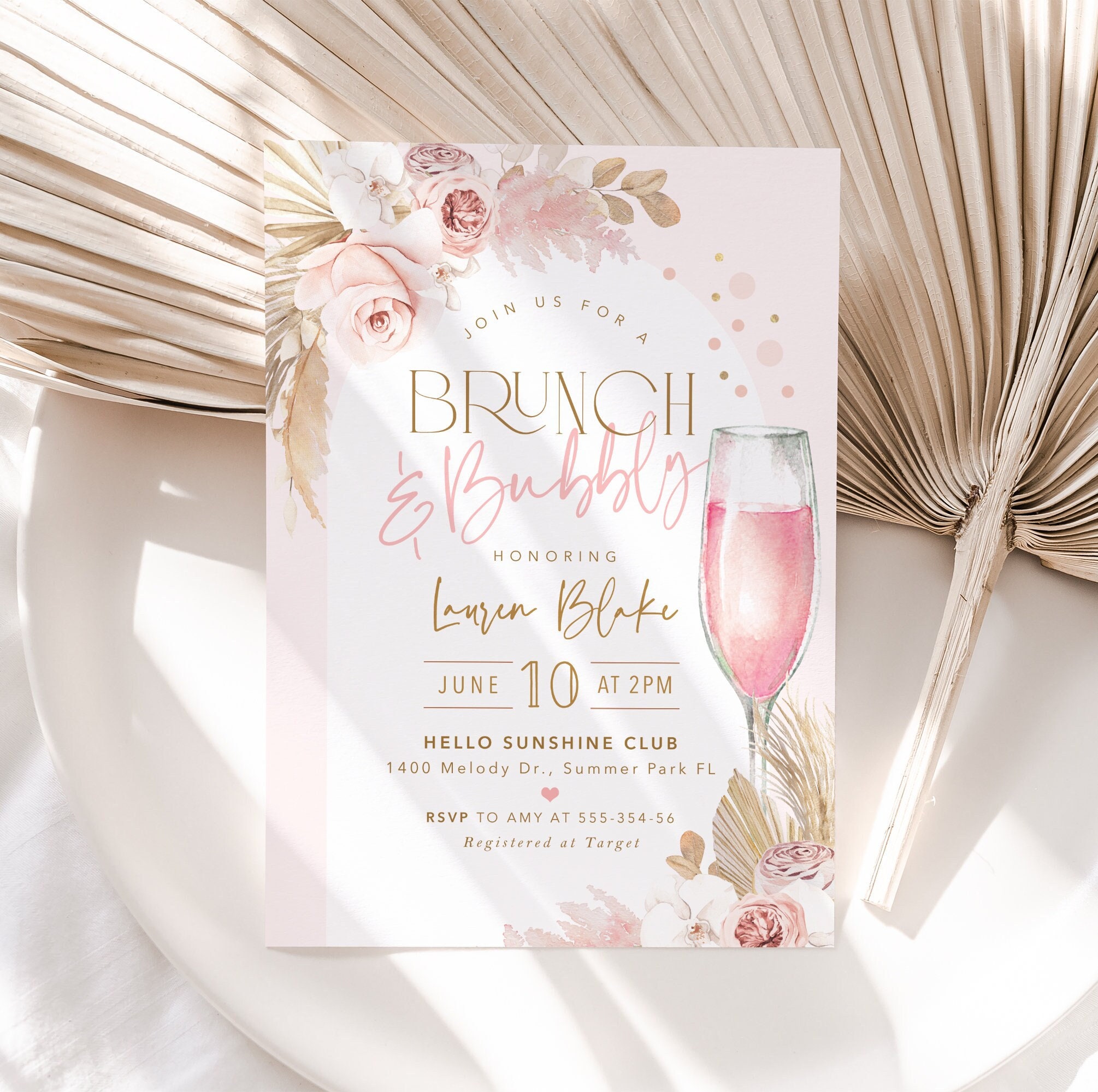Pink Brunch and Bubbly Bridal Shower Invitation, Boho Pink Bridal ...