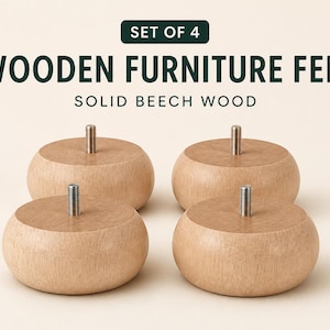 Puede incluir: Un juego de cuatro patas de mueble redondas de madera de haya maciza de color claro, cada una con un perno roscado de metal en el centro. El texto en la imagen dice: SET OF 4, WOODEN FURNITURE FEET, SOLID BEECH WOOD. Dispuestas en un cuadrado.