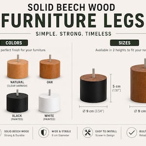 May include: Solid beech wood furniture legs in raw, natural, oak, walnut, black, and white finishes. Cylindrical legs feature a metal screw-in bolt. Available in 5 cm (1.97 inches) and 8 cm (3.15 inches) heights with a 9 cm (3.54 inches) diameter.