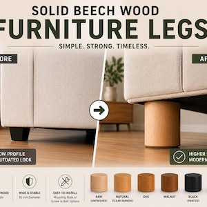 Round Wooden Furniture Leg, Solid Beech Sofa Feet image 2