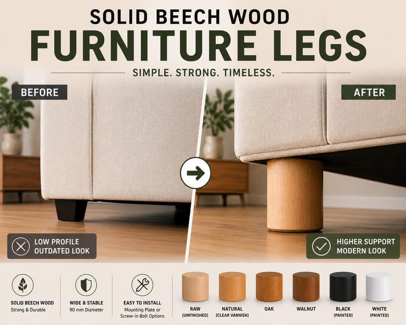 Round Wooden Furniture Leg, Solid Beech Sofa Feet image 2