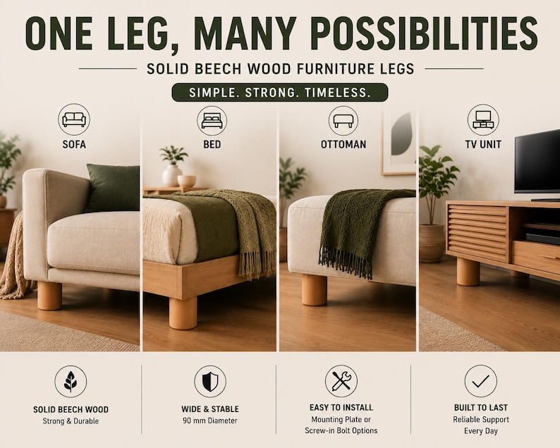 May include: Solid beech wood furniture legs with a 90 mm diameter. The text reads: ONE LEG, MANY POSSIBILITIES, SOLID BEECH WOOD FURNITURE LEGS, SIMPLE, STRONG, TIMELESS, SOFA, BED, OTTOMAN, TV UNIT, SOLID BEECH WOOD, WIDE & STABLE, EASY TO INSTALL, BUILT TO LAST.