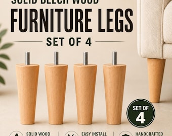 Mid Century Tapered Wooden Sofa Legs Set of 4, Replacement Furniture Feet