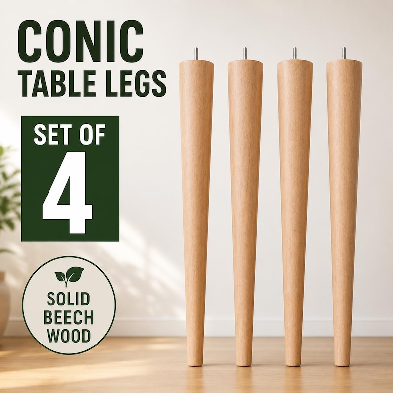 Wooden Table Legs Set of 4, Solid Beech Tapered Furniture Legs image 1