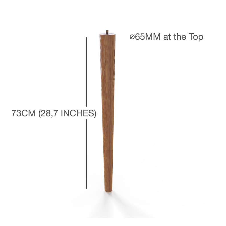 May include: A tapered wooden furniture leg with a natural wood grain finish. The leg measures 28.7 inches in height and has a diameter of 65mm at the top. A small metal mounting bolt is visible at the center of the top surface of the leg.