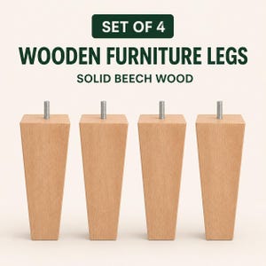 May include: A set of four light-colored solid beech wood furniture legs with a tapered square shape. Each leg features a silver-colored metal threaded bolt protruding from the top. The text SET OF 4 WOODEN FURNITURE LEGS SOLID BEECH WOOD is visible.