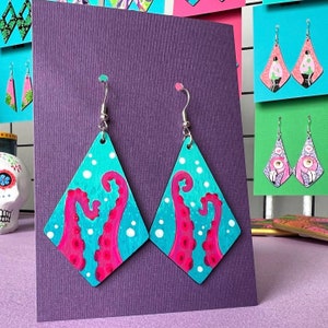 Pink and Blue Sci-Fi Tiki Tentacles Hand-Painted on Lightweight Wooden Vibrant Colorful Psychedelic Pop Art Festival Earrings