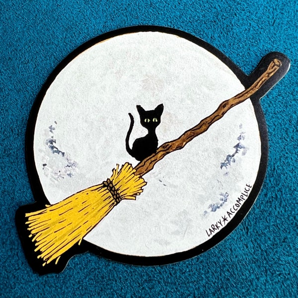 Black Cat Vinyl Magnet | Full Moon Halloween Magic Spoopy Witch Kitty | Witchy Kitten on Broomstick | Cute Adorable Art Painting Magnet