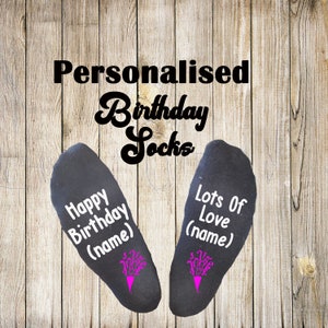 Personalised Cotton Birthday Socks, Novelty Gift Idea, Custom Designed With Your Choice Of Name And Clipart