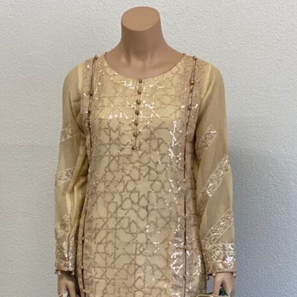 Salwar Kameez Prêt à Porter - Couleur Jaune Clair/crème - Taille Petit - Pour Femme