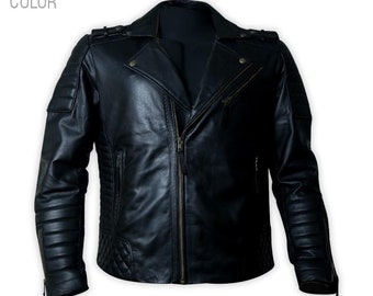 Veste de motard en cuir d'agneau authentique - Veste de moto matelassée tendance Cafe Racer zippée pour homme