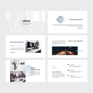 Peut inclure: Modèle de présentation avec un thème bleu clair et blanc. Les diapositives incluent le texte "Xplus", "Welcome Message", "About the Company" et "Our Mission". Des images d'un ordinateur, d'un bureau et de lumières de la ville sont également incluses.