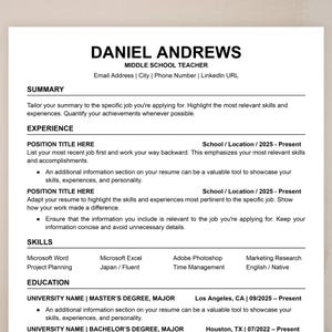 Peut inclure: Un modèle de CV intitulé "Daniel Andrews, Enseignant du primaire". Le CV est divisé en sections pour le résumé, l'expérience, les compétences et la formation. Le modèle fournit des conseils sur la rédaction d'un CV, notamment des suggestions pour mettre en évidence les compétences et les expériences pertinentes.
