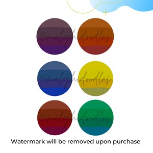May include: A set of six gradient color swatches in a circular shape. The colors are purple, red, blue, yellow, brown, and green. The text "@melghidoodles" is visible on each swatch.